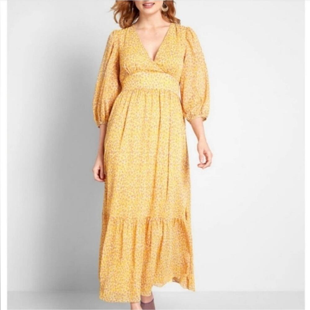 Modcloth Traffic People Perk Things Up Yellow Printed 3/4 Sleeve Maxi Dress Sz L
